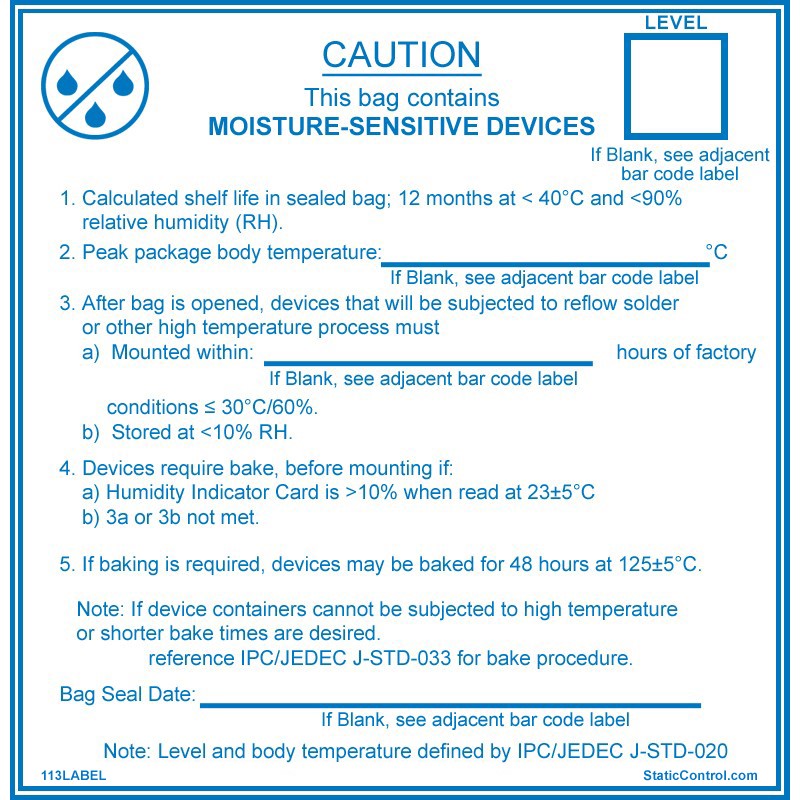 Наклейка для влагонепроницаемых пакетов, стандарт J-STD-020, размер 10,2х10,2см (100шт в рулоне)