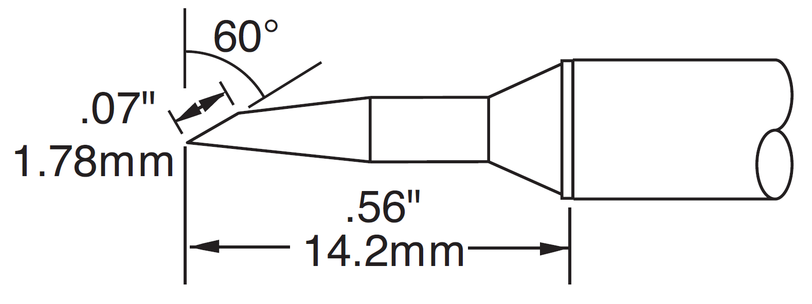 Картридж-наконечник для СV/MX, скос 60° удлиненный, 1.78х14.2мм (замена STTC-147)
