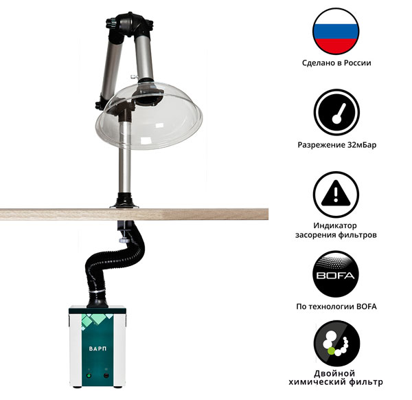 Комплект дымоуловителя ВАРП ВП25 с хим. фильтром, с шарнирным дымоприемником 63мм с крепл. к столу 
